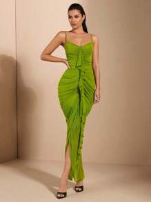 SHEIN BAE 女性性感優雅的褶邊長款背心連衣裙,緊身罩杯和前褶皺細節 - 綠色 - 查看 4