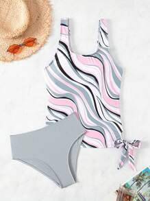 SHEIN Swim 女性彩色拼接背心束帶比基尼上衣,隨機印花 - 彩色 - 查看 1