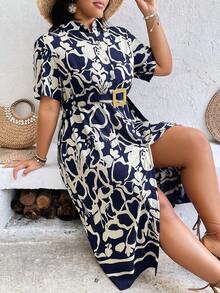 SHEIN Holidaya 大尺碼女式夏季度假風格花卉印花短袖襯衫連衣裙 - 藏蓝色 - 查看 5