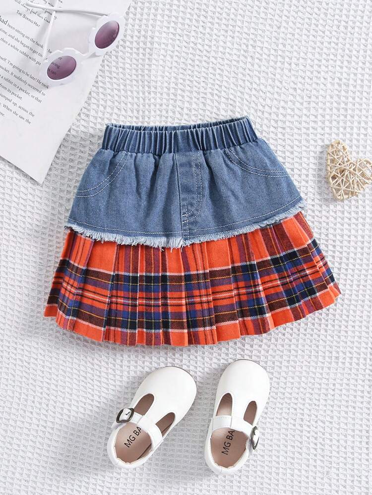 Baby Girl Frayed Denim And Plaid Pleated Skirt With Washed Design