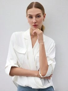 BizChic Women's Casual White V-Neck Rolled Sleeve Loose Fit Summer Blouse - White - View 4