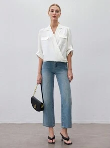 BizChic Women's Casual White V-Neck Rolled Sleeve Loose Fit Summer Blouse - White - View 7