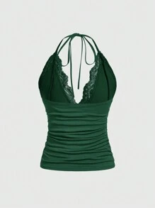 ROMWE PUNK Contrast Lace Halter Top - Green - View 2