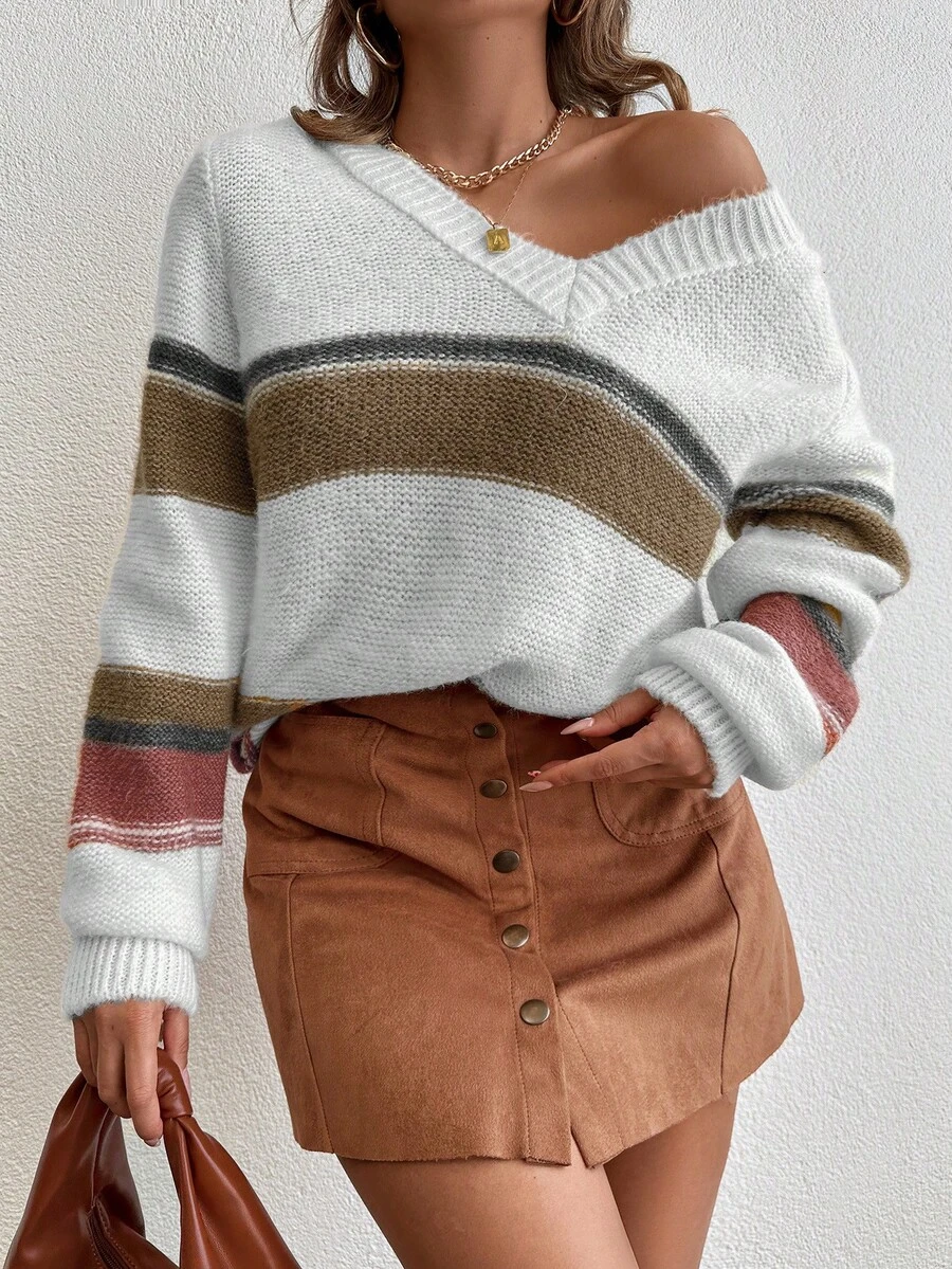 EURMUSE Color Block V Neck Drop Shoulder Sweater - Multicolor - View 1