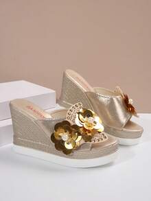 女款楔形跟厚底涼鞋,2024夏季新款鑲有水鑽,防水平台,高跟,大尺碼全配羅馬鞋款 - 金色 - 查看 7