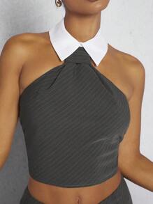 Hauture 细条纹撞色领口露背短款上衣