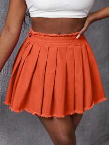 Slaydiva Màu thuần Váy mini Với Tách & Xếp nếp Hem Cho mùa hè - Rỉ Nâu - Xem 3