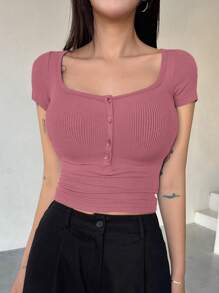 DAZY Women's Summer Solid Color Half Placket Slim Fit Cropped T-Shirt Cute Tops - Hot Pink - View 3
