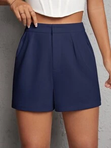 SHEIN PETITE 女士純色摺疊款休閒短褲,適用於春夏季 - 藏蓝色 - 查看 3