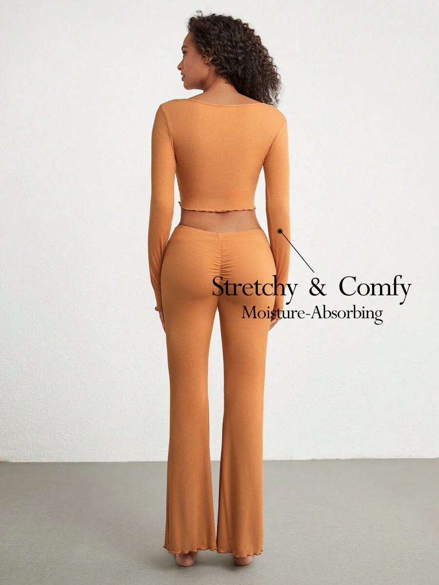 Leisure Comfortable Rayon Solid Lettuce Thumb Hole Crop Top & Flare Leg Pants Women Lounge Set-Orange - Khaki - View 1