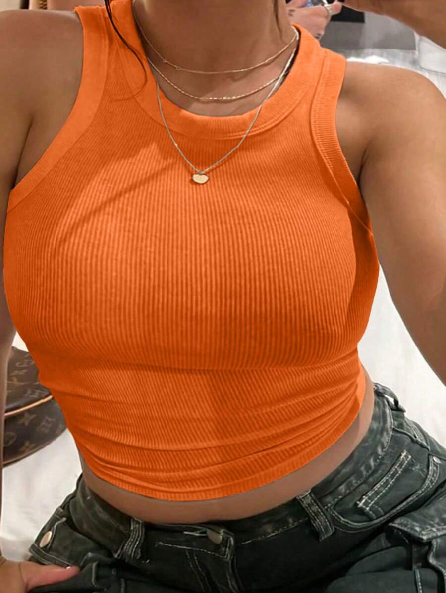 INAWLY Plus Size Women's Summer Solid Color Tight-Fit Round Neck Tank Top - Orange - View 1