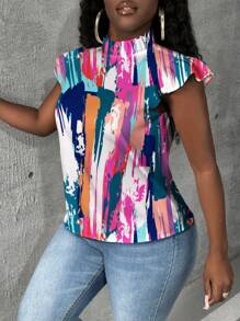 Slaydiva 扎染短款盖袖立领修身女式衬衫 - 白色 - 查看 5