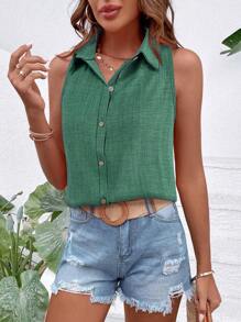 Chiquease Women's Fashionable Summer Solid Color Button Up Lapel Sleeveless Shirt - Mint Green - View 6