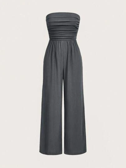 SHEIN EZwear Women's Summer Solid Color Pleated Strapless Wide Leg Jumpsuit