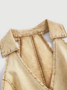 SHEIN MOD 夏季休閒V領牛仔雙肩裙 - 卡其色 - 查看 4