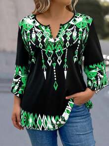 EMERY ROSE 加大尺碼幾何圖案鈕扣半開襟t恤 - 綠色 - 查看 4