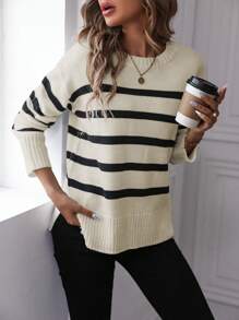 EMERY ROSE 女士時尚黑白條紋長袖套頭毛衣