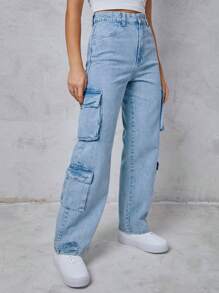 SHEIN Túi nắp bên cạnh Quần jean chở hàng - Rửa nhẹ - Xem 7