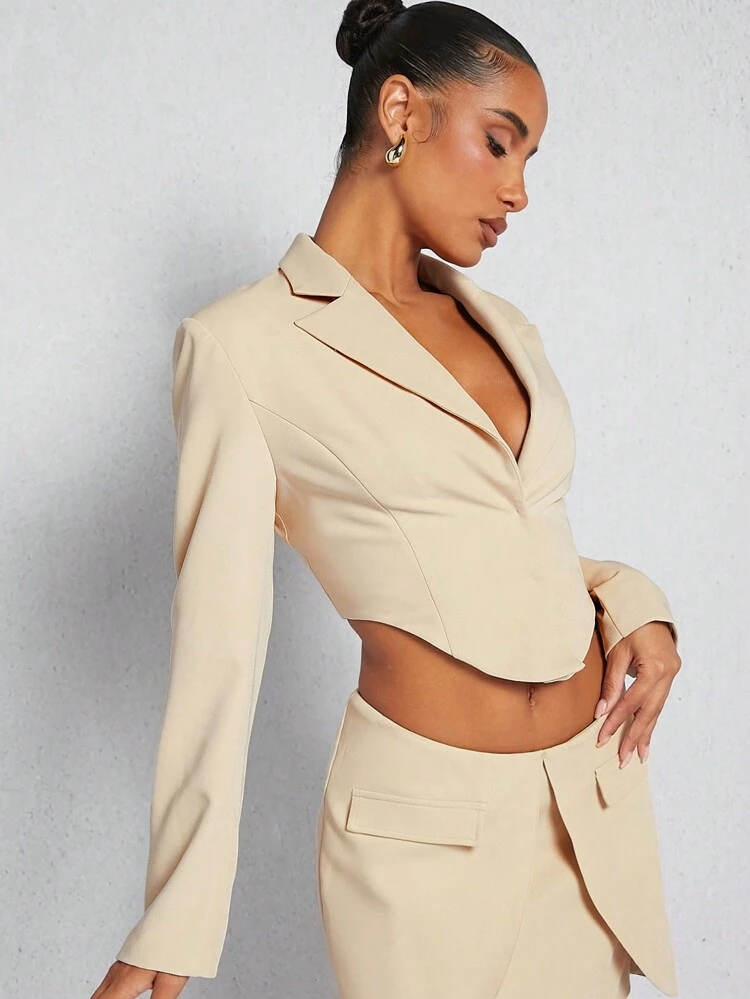 Solid Crop Curve Hem Lapel Neck Long Sleeves Blazer
