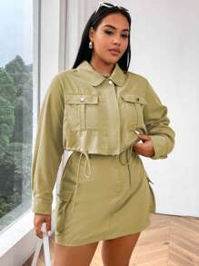 Flirla Áo khoác hai mảnh màu trơn cỡ lớn có khóa kéo phía trước, túi có nắp, viền dây rút và váy - Màu Khaki - Xem 7