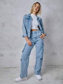 SHEIN Túi nắp bên cạnh Quần jean chở hàng - Rửa nhẹ - Xem 6