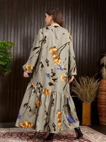 Mulvari Plus Size Spring Casual Flower Printed Lantern Sleeve Dress - Army Green - View 2