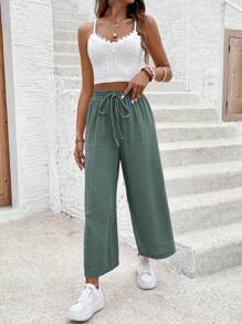 SHEIN Frenchy Ladies' Summer Contrast Lace Crop Top With Spaghetti Strap And Pants Casual Two-Piece Set Green - Dark Green - View 6