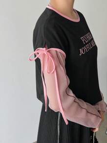 FRIFUL 女士夏季短袖休闲T恤，带字母印花和领带细节，FLY HIGH JOYFUL MELODY，女士短款上衣，图案T恤 - 黑色 - 查看 3