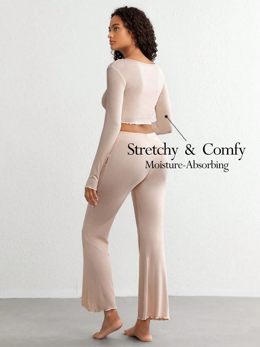 Ocili 舒適的人造絲實色圓括著掌毛邊短上衣＆喇叭褲女士休閒套裝-卡其色 - 駝色 - 查看 1