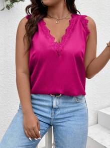 Elenzga Plus Size Summer Casual Lace Patchwork V-Neck Sleeveless Top For Going Out - Hot Pink - View 1