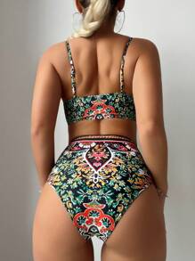 SHEIN Swim 女性熱帶植物印花比基尼套裝,適合度假使用 - 彩色 - 查看 2