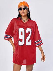 SHEIN EZwear 有數字的網眼拼接運動球衣連衣裙 - 紅色 - 查看 4