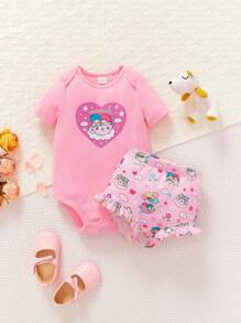 HELLO KITTY AND FRIENDS | SHEIN 女婴可爱粉色连体衣和荷叶边短裤 - 彩色 - 查看 1