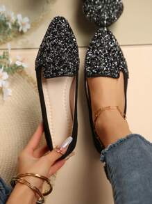 Giày bệt mũi nhọn họa tiết nhiều màu sắc cho nữ, Giày lười thường ngày ngoài trời mùa thu mới, Giày lười đế mềm thời trang, Giày lười đa năng thoải mái, Thiết kế họa tiết ngẫu nhiên cho ngày lễ tình nhân, Giày bệt múa ba lê - màu đen - Xem 3