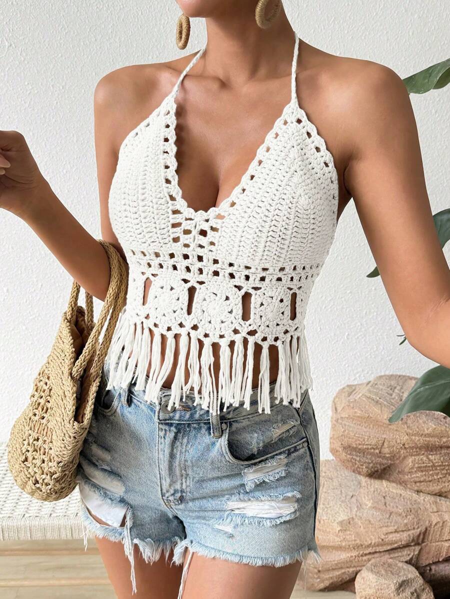 Breezaya Women's Fashionable Crochet Knit Top For Vacation - White - View 1