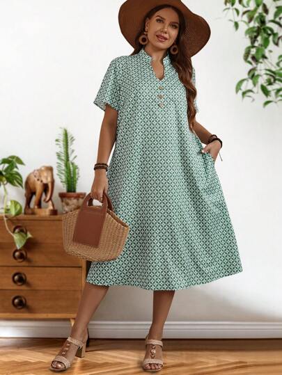 EMERY ROSE Plus Size Women's Summer Green Geometric Print Short Sleeve Button Decoration Dress