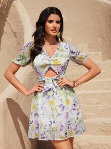 Aveloria Summer Casual Short Sleeve Dress With Random Hollow Out Floral Print - Purple - View 7