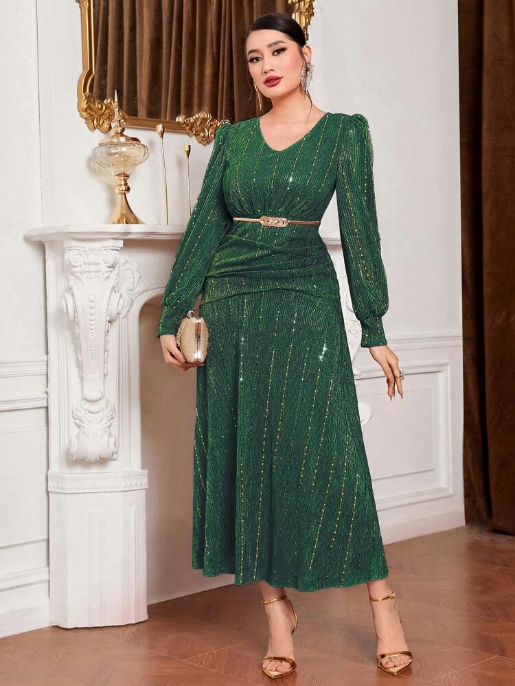 Sparkly Lantern Sleeve Waist-Cinched Dress