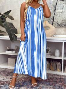 SHEIN Holidaya 大尺碼彩色條紋假期風格背心裙 - 藍色 - 查看 3
