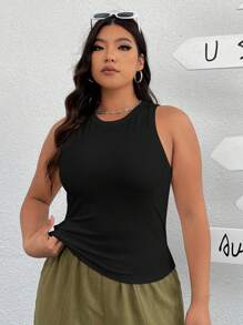 SHEIN EZwear 女士加大尺碼高彈性針織純色夏季背心上衣 - 黑色 - 查看 4
