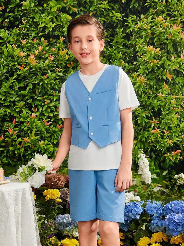 3pcs Tween Boys' Casual Sleeveless Vest, Short Sleeve T-Shirt, And Shorts Set