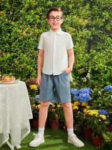 SHEIN Tween Boys' Summer Casual Pleated Shorts With Slanted Pockets - Blue - View 3