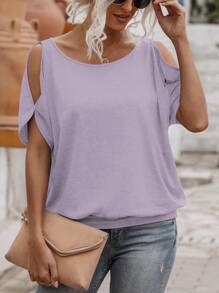 SHEIN LUNE Women's Summer Solid Color Round Neck Cold Shoulder Short Sleeve Casual T-Shirt