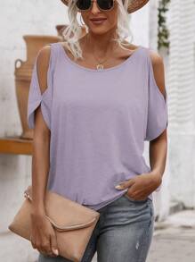 SHEIN LUNE Women's Summer Solid Color Round Neck Cold Shoulder Short Sleeve Casual T-Shirt