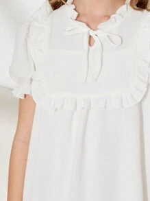 Tween Girl Simple And Elegant Plain Bubble Sleeve Sleep Dress With Ruffle Hem And Decorative Edge - White - View 6