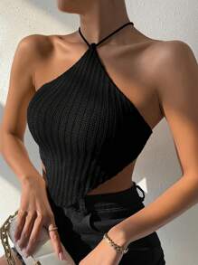 Chiquease Mouwloze gebreide top met textuur, casual dagelijkse kleding, asymmetrische zoom, spaghettibandjes, kort model, lente en zomer