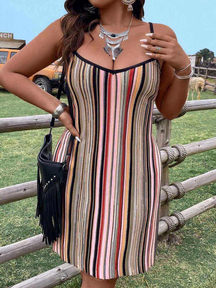 Women's Fashionable Plus Size Striped Vacation Style Spaghetti Strap Dress For Summer