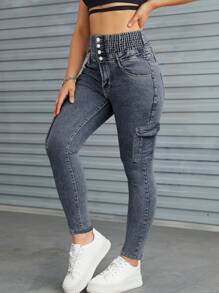 Pantalon Vintage Skinny Stretch pour femmes avec taille haute et multi-poches pour vêtements de travail - Gris - Voir 4
