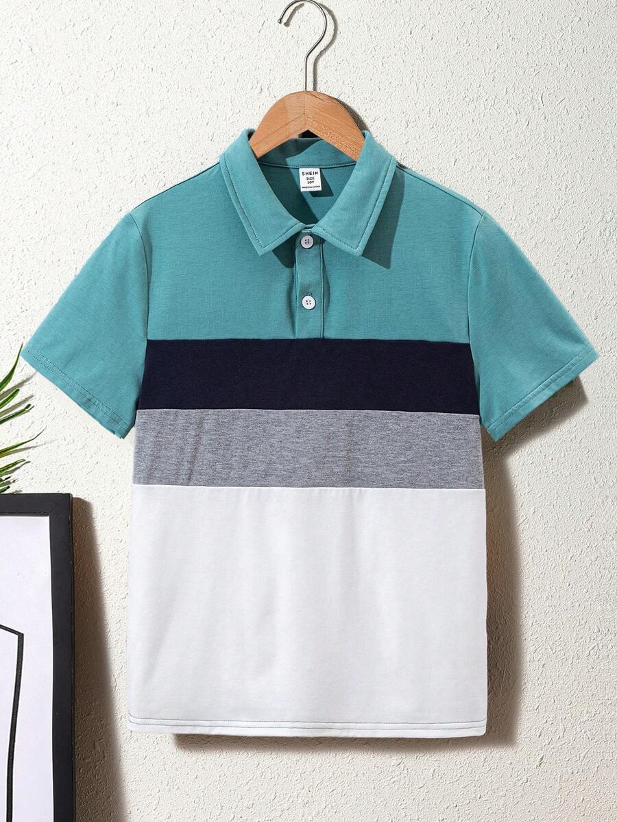 SHEIN Áo sơ mi polo thông thường kiểu dáng khối màu Tween Boy có cổ tương phản - Nhiều màu - Xem 1