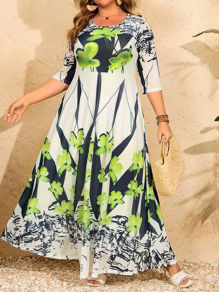 Plus Size Women's Clover Print Round Neck Arab Dress